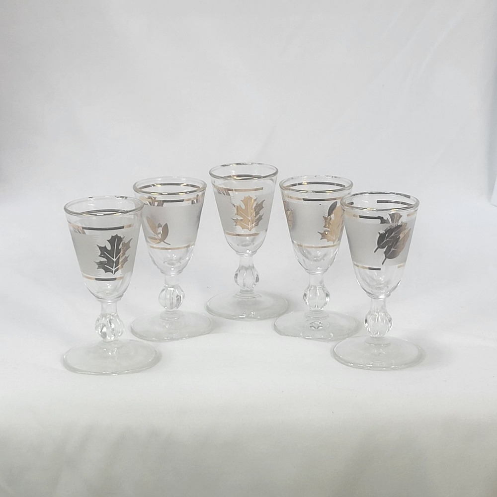 Vintage Mid Century Frosted Silver & Gold Leaf Cordial Liqueur Glasses Set of 5